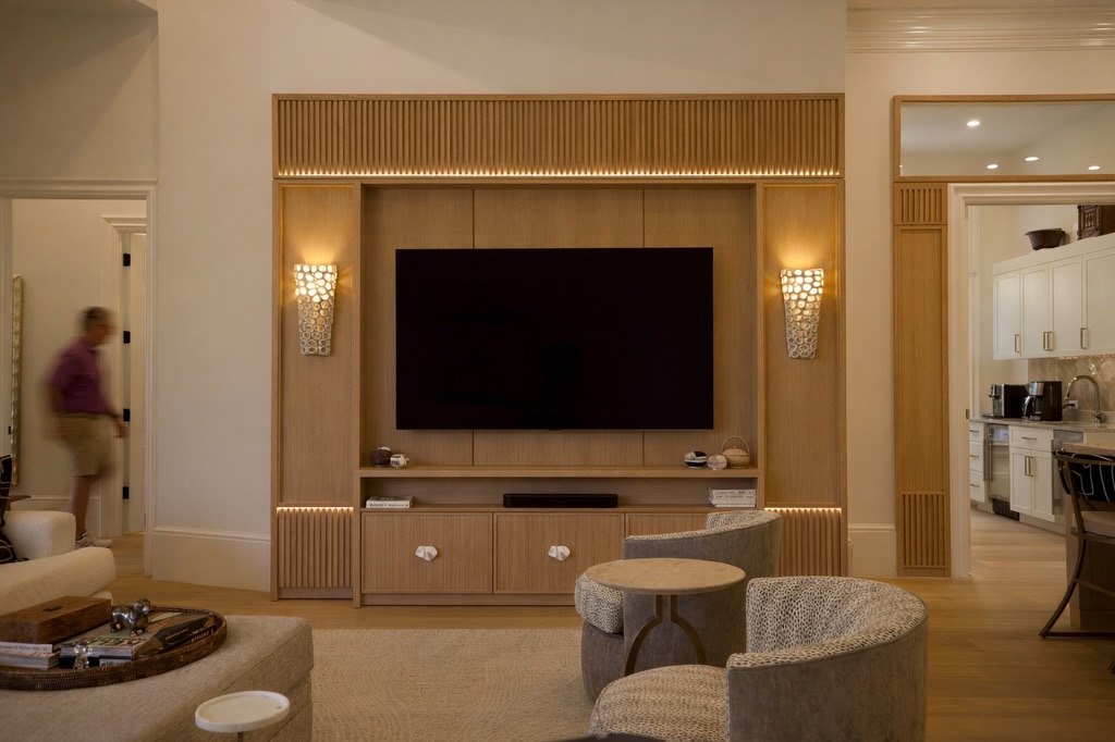Custom wood media wall in a refined living room